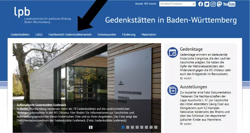 Der Pfeil zeigt auf die verschiedenen Bereichen über dem großen Bild 